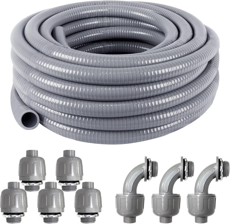 Ansgery 1inch 25ft Electrical Conduit Kit,Liquid-Tight Conduit and Connector Kit with 5 Straight and 3 Angle Fittings Included,Flexible Non - Metallic Electrical Conduit(1" Dia, 25 Feet) - Image 1